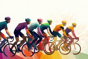 Cyclists team riding on bicycles, color drawing. Bike race banner. photo