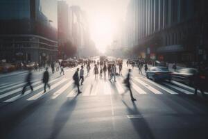 People walking at city street, motion blur effect. photo