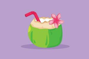 Character flat drawing green coconut with drinking straw and flower. Relieves thirst and dehydration in summer. Coconut drinking water for healthy lifestyle concept. Cartoon design vector illustration