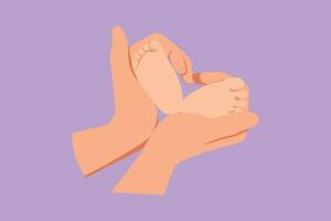 Character flat drawing adorable babies foot hold by mother hand finger making love shape. Beautiful sleeping baby girl. Newborn baby girl. Happy family with newborn. Cartoon design vector illustration