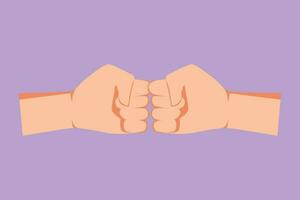 Graphic flat design drawing two hands make fist bump. Sign or symbol of power, hitting, attack, force. Two male hands that greet each other with fists bump gestures. Cartoon style vector illustration