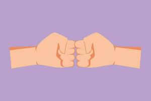 Graphic flat design drawing two hands make fist bump. Sign or symbol of power, hitting, attack, force. Two male hands that greet each other with fists bump gestures. Cartoon style vector illustration