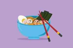 Cartoon flat style drawing stylized Japanese ramen logo, label, sticker, symbol. Emblem fast food noodle restaurant concept for cafe shop or food delivery service. Graphic design vector illustration