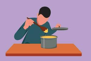 Cartoon flat style drawing handsome husband enjoying smell of cooking from pot. Young man prepare food for family dinner at kitchen. Cooking at home. Healthy food. Graphic design vector illustration