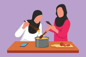 Graphic flat design drawing two Arabian woman cook together while looking at tutorial or recipe on smartphone. Friends learn to cook with modern digital technology. Cartoon style vector illustration