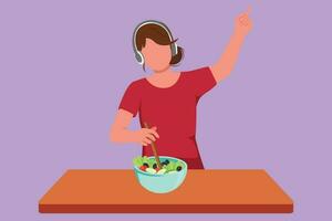 Cartoon flat style drawing beautiful woman platting fresh salad on bowl and listening music with headphone in kitchen. Cooking delicious meal. Prepare healthy food. Graphic design vector illustration