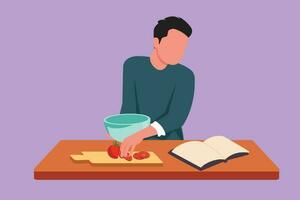 Character flat drawing young man cooking meal while reading tutorial book on cozy kitchen table at home. Happy husband preparing healthy food for family breakfast. Cartoon design vector illustration