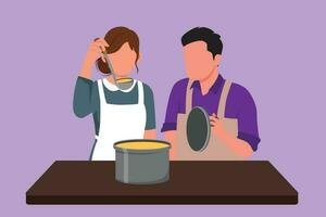 Cartoon flat style drawing handsome husband holding pan lid and his beauty wife tasting food using cooking spoon. Happy couple cooking together in kitchen at home. Graphic design vector illustration