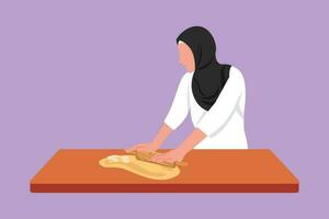 Graphic flat design drawing Arab woman making cookie dough using rolling pin at kitchen table. Happy wife making bakery and homemade pizza for family dinner at home. Cartoon style vector illustration