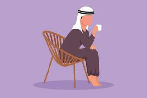 Cartoon flat style drawing side view of relaxed Arabian guy sitting in lounge chair, watching TV in free time with coffee. Tea time or take break after office hour. Graphic design vector illustration