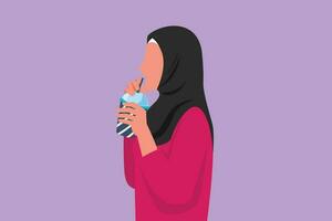 Graphic flat design drawing side view of Arab woman using straw and drinking smoothie juice from plastic cup. Female feel thirsty and try to refresh in hot summers. Cartoon style vector illustration