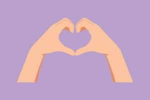 Graphic flat design drawing of hands making sign or symbol heart by fingers. Beautiful hands with copy space. Love, relationship, romance concept with hand gestures. Cartoon style vector illustration