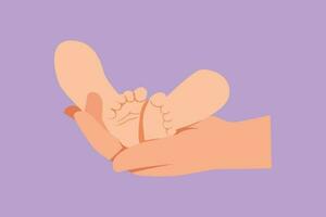 Cartoon flat style drawing cute baby feet in mother hands. Tiny newborn babies feet on female hands. Mom and her child. Happy family concept. Beautiful of maternity. Graphic design vector illustration