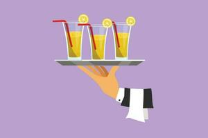 dibujos animados plano estilo dibujo bandeja campana de cristal con Tres vaso de limonada hielo en mano. restaurante plato en elegante camarero mano. comida servicio bandeja para café tienda restaurante. gráfico diseño vector ilustración