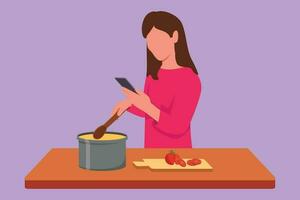 Character flat drawing beautiful wife cooking while looking at tutorial on smartphone. Young woman learn to cook with modern technology. Prepare delicious meal food. Cartoon design vector illustration