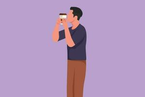 Graphic flat design drawing active handsome man standing and kissing disposable coffee cup or paper cup. Coffee product studio photo session. Coffee addict concept. Cartoon style vector illustration