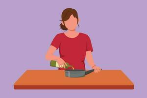 Character flat drawing happy wife pouring cooking oil from bottle into frying pan on stove. Prepare food for dinner at cozy kitchen. Woman love cooking meal at home. Cartoon design vector illustration