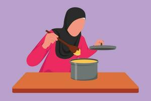 Cartoon flat style drawing beauty housewife enjoying smell of cooking from pot. Arab woman prepare food for family dinner at kitchen. Cooking at home. Healthy food. Graphic design vector illustration