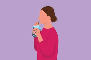 Character flat drawing side view of attractive woman using straw and drinking smoothie juice from plastic cup. Female feel thirsty and try to refresh in hot summers. Cartoon design vector illustration