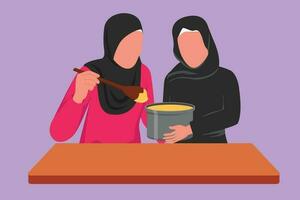 Character flat drawing two Arabian woman enjoying smell of cooking from pot. Friends prepare food for lunch at cozy kitchen. Cooking at home. Healthy food concept. Cartoon design vector illustration