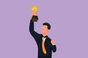 Graphic flat design drawing happy businessman in formal suit holding golden trophy with one hands. Company performance. Winning business competition or achievement. Cartoon style vector illustration