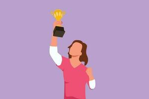 Character flat drawing happy female athlete in sport jersey holding gold trophy with one hand. Celebrate victory of national competition. Woman winning championship. Cartoon design vector illustration