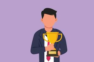 Cartoon flat style drawing happy businessman in suit and tie holding golden trophy with both hand in front of his chest. Winning business competition or achievement. Graphic design vector illustration