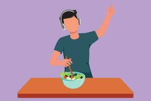 Character flat drawing active man platting fresh salad on bowl and listening music with headphone in kitchen. Cooking delicious meal at home. Prepare healthy food. Cartoon design vector illustration