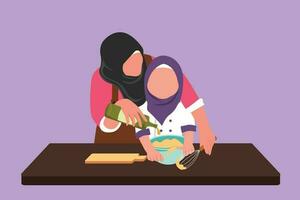 Cartoon flat style drawing Arabian mother helping her daughter make dough by adding olive oil. Pastry preparation in kitchen at home. Mom and child cooking together. Graphic design vector illustration