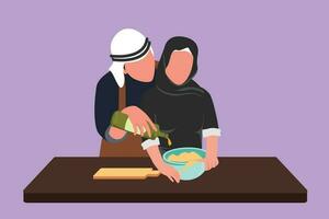 Character flat drawing young husband helping his beauty wife make dough by adding olive oil. Pastry preparation in cozy kitchen at home. Happy Arab couple cooking. Cartoon design vector illustration