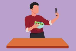 personaje plano dibujo activo masculino tomando selfie o haciendo vídeo llamada utilizando teléfono inteligente mientras platting Fresco ensalada. joven hombre Cocinando sano comida o nutrición comida. dibujos animados diseño vector ilustración