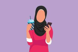 Cartoon flat style drawing beauty Arab woman looking at mobile phone and holding glass of orange juice while having breakfast at home. Morning routine before work. Graphic design vector illustration