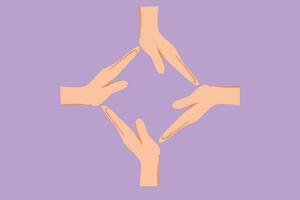 Cartoon flat style drawing of four palm hands make square frame shape. Symbol or icon of care, unity, sharing, trust. Communication with hand gestures for education. Graphic design vector illustration