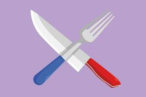 Character flat drawing knife and fork for restaurant logo emblem. Luxury cafe shop logotype template concept. Kitchen set tools, cutlery, utensil icon for catering. Cartoon design vector illustration