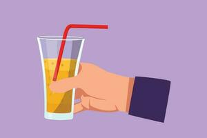 Graphic flat design drawing hand holding glass of soft drink. Male hand holding fresh sweet soft drink on glass with ice cube. Cafe menu. Refreshing drink in summer. Cartoon style vector illustration