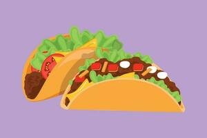 Graphic flat design drawing two stylized Mexican taco logo label. Emblem fast food nacho restaurant for cafe shop or food delivery service. Delicious meal for lunch. Cartoon style vector illustration