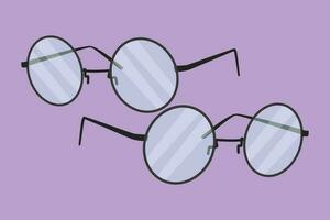 Character flat drawing vintage or retro glasses with circle frame logotype. Round black rimmed glasses. Side of myopia glasses, round frame, with black glasses legs. Cartoon design vector illustration