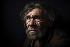 retrato de prehistórico hombre en oscuro antecedentes. generativo ai foto