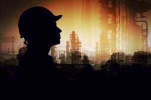 silueta de industrial trabajador con petróleo refinería planta como antecedentes. generativo ai foto