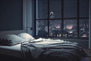 Large bed in living room with night city view in window. photo