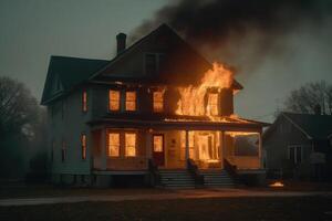 Burning house in suburb. Residential house in fire. photo