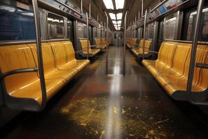 Interior of empty subway train wagon. Public transport. photo