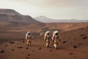 Astronauts wearing space suits walking on red planet. photo