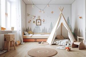 Interior of cozy bedroom for children in scandinavian style. photo