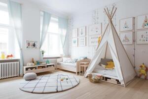 Interior of cozy bedroom for children in scandinavian style. photo