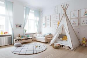 Interior of cozy bedroom for children in scandinavian style. photo