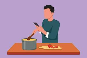 Graphic flat design drawing handsome husband cooking while looking at tutorial on smartphone. Young man learn to cook with modern technology. Prepare delicious food. Cartoon style vector illustration