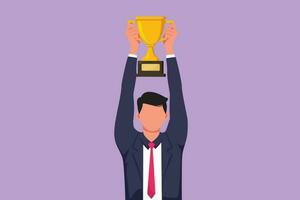 Graphic flat design drawing businessman wear suit and tie holding up golden trophy with both hands. Company performance. Winning business competition or achievement. Cartoon style vector illustration