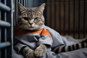 Cat in prisoner costume in prison cage. photo