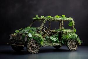 Car made of natural green plants. Eco friendly transportation. photo